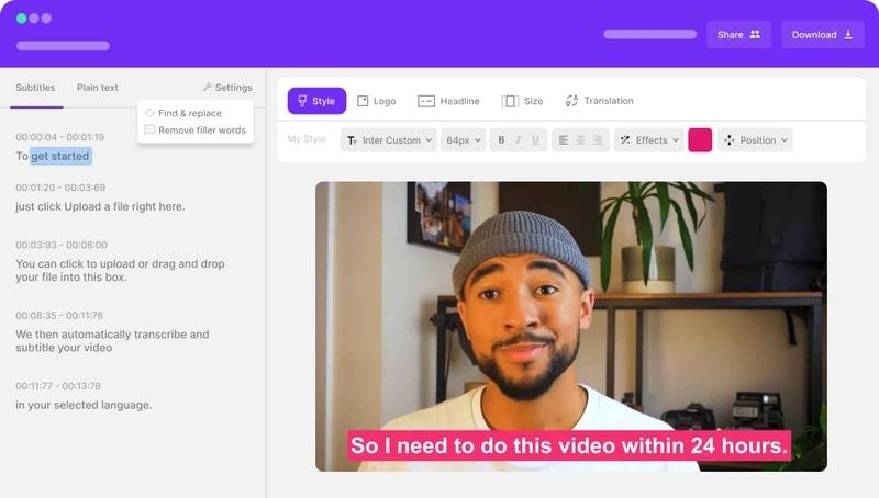 Subly is an AI subtitle generator that supports 70+ languages wherein you can designate the spoken language and it generates captions automatically. Its editor facilitates adjusting font, size, position, and color of subtitles, along with incorporating logos and brand colors; You can also save customized style as templates for other videos. In addition, resizing videos to fit various social media platforms can be achieved in a single click. You can avail Subly’s subtitle generator services and round-the-clock customer service to ensure constant assistance and solutions, starting at $19 per month