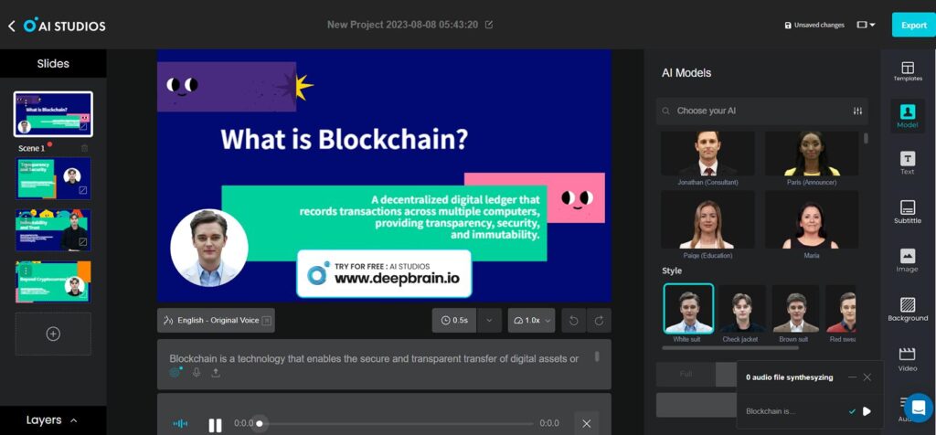 If you're looking to create photo-realistic AI avatars, this is the place for you. Deepbrain AI Studios allow you to convert text to interactive videos, create AI avatars, and convert PowerPoint presentations into high-quality videos without hassle.
